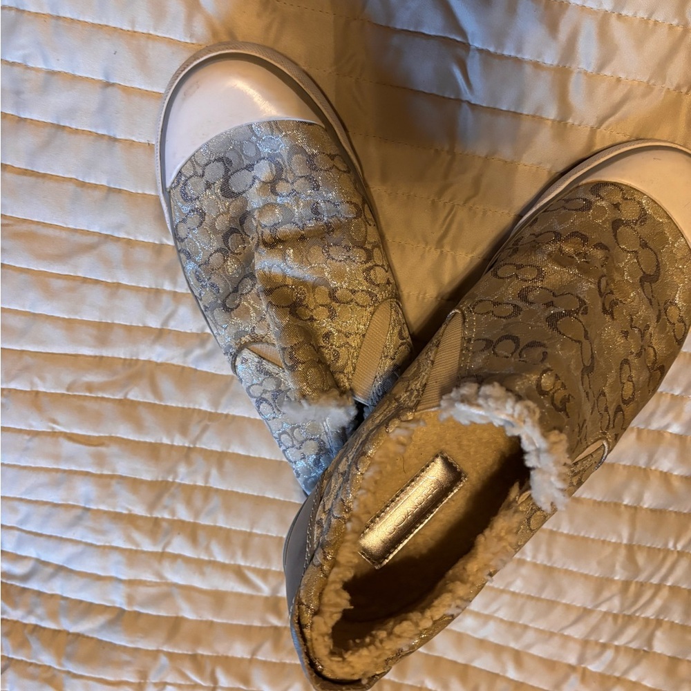 Coach Beige Monogram Shearling Slip-Ons